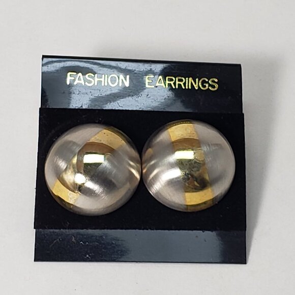 Gold, Silver Dual-Tone Stud Earrings Modern Stripe Design, 0.75” Fashion Jewelry - Picture 5 of 9